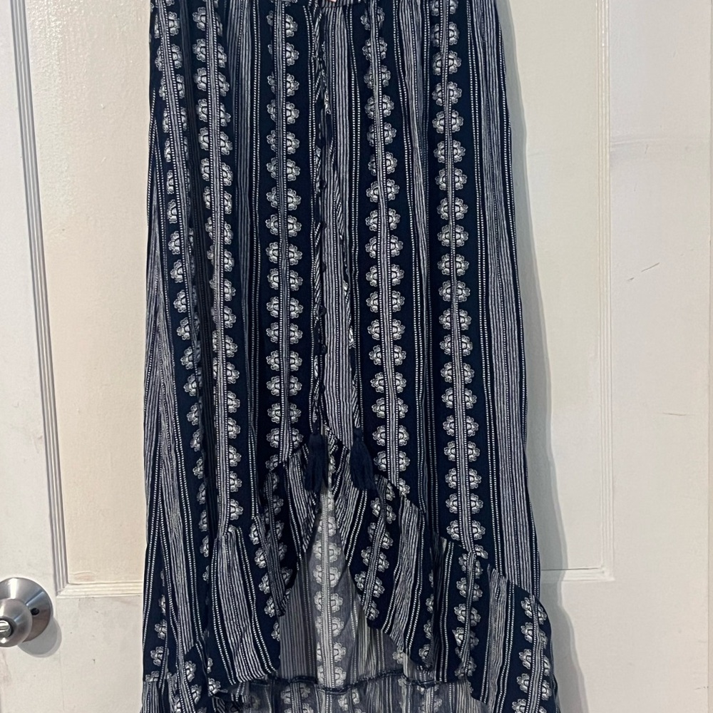 Band of Gypsies Navy and White Printed Ruffle Hem Maxi Skirt